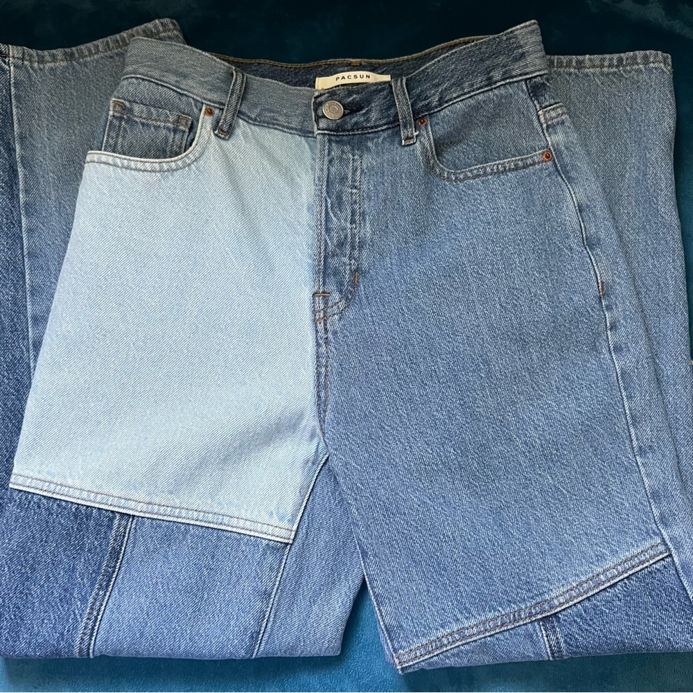 PACSUN Eco Two-Tone Patchwork Blue High Waisted Straight Leg Jeans - Picture 12 of 13